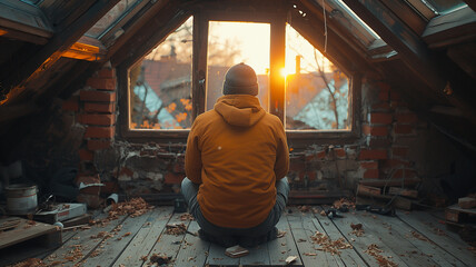 Fototapeta premium A man in an old attic, a man renovating an old attic, red wood, cinematic light 16:9