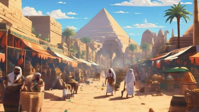  An animation showcasing a bustling market in ancient Egypt, with merchants, camels, and iconic pyramids in the background, all rendered in pixel art