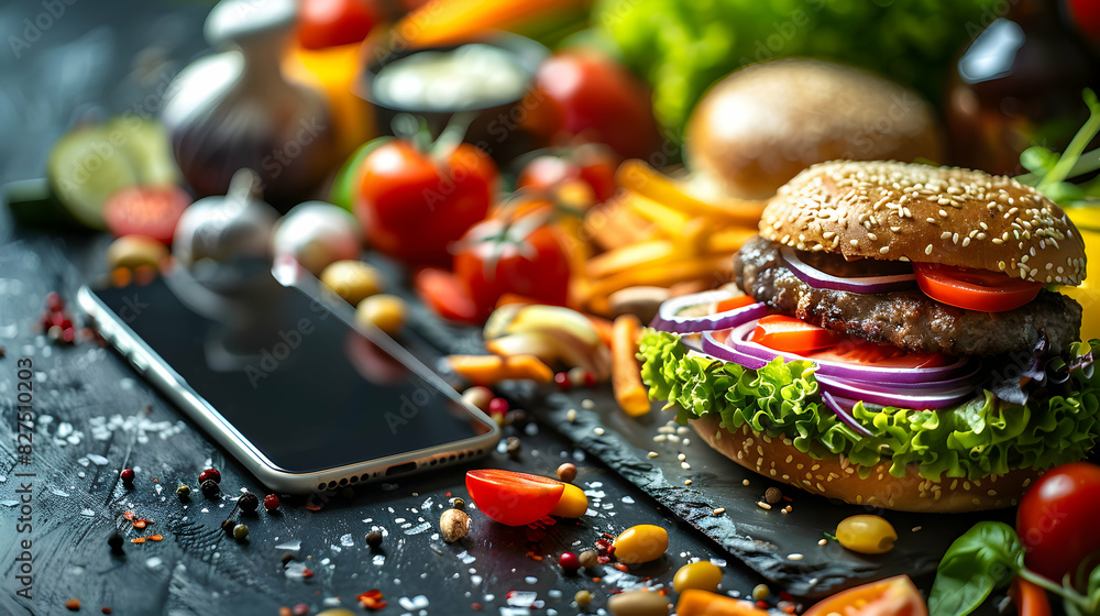 Poster mobile payment for food delivery: photo realistic high resolution image highlighting digital transac
