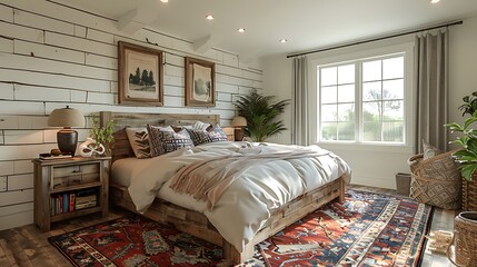 A hyper-realistic farmhouse chic bedroom, white shiplap walls, antique quilt in pastel colors, rustic barn wood bed frame, vintage nightstands, large window with soft natural light.