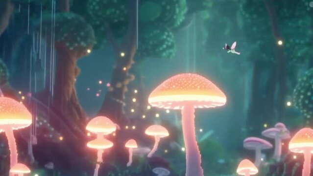 An animation showcasing a grove filled with fairies, with pixel art of the fairies flying around, glowing mushrooms, and sparkling streams.