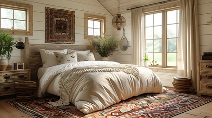 A hyper-realistic farmhouse chic bedroom, white shiplap walls, vintage quilt in pastel colors, repurposed barn wood bed frame, rustic wooden nightstands, large window with soft natural light.