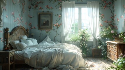 A hyper-realistic French country bedroom, pale blue and pink floral wallpaper, rustic wood furniture, cozy white bedding with lace accents, large window with sheer curtains.