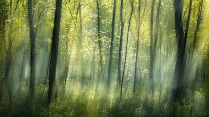 Obraz premium The image freezes the energetic green shades of new growth in the woodland