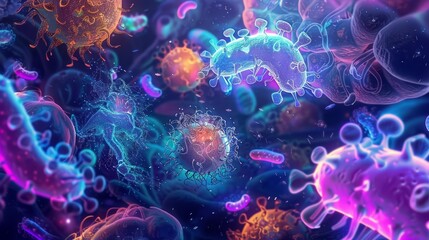 A creative and dynamic depiction of various bacteria and viruses in bright