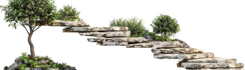 Vintage stone staircase with rising steps, small growing trees beside them, isolated on white background, clear background