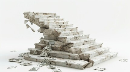 Luxurious staircase with collapsing steps, torn banknotes falling down, isolated on white background, copy space