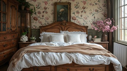 A hyper-realistic French country bedroom, pastel floral wallpaper, antique wooden bed with white lace bedding, distressed wood furniture, large window with light filtering through.