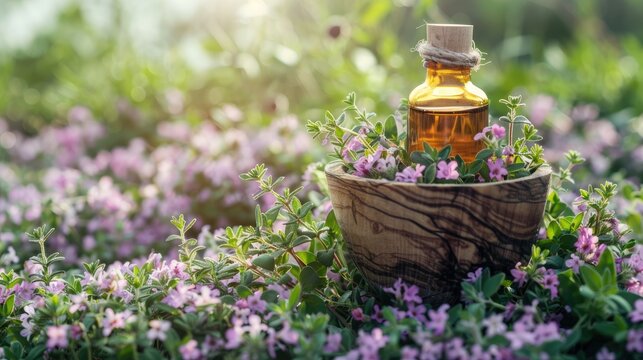 cumin essential oil and mortar. Selective focus
