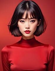 studio portrait of a brunette model with short hair wearing a red dress on red background