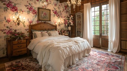 A hyper-realistic French country bedroom, soft pastel floral wallpaper, rustic wood furniture, cozy white bedding with lace trim, vintage chandelier, large windows with sheer curtains.