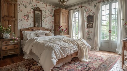 A hyper-realistic French country bedroom, soft pastel floral wallpaper, rustic wood furniture, cozy white bedding with lace trim, vintage chandelier, large windows with sheer curtains.