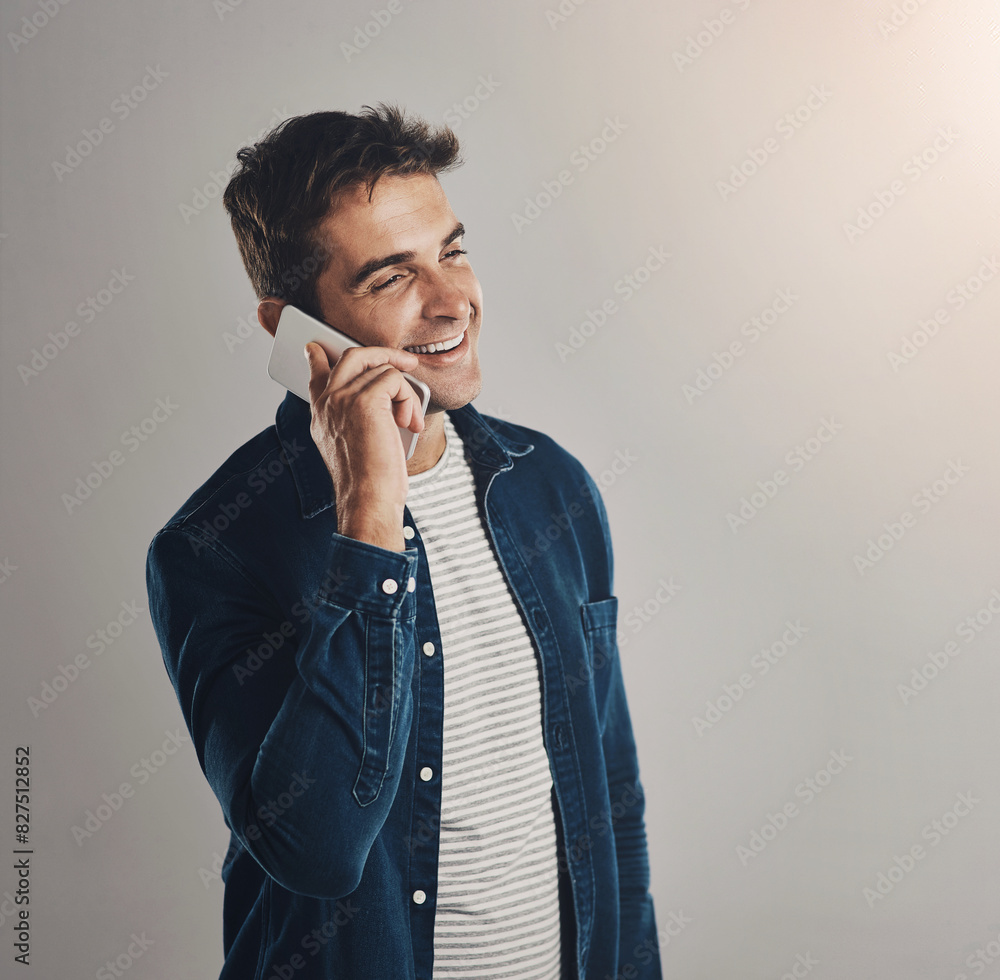 Poster studio, man and phone call with laugh, funny news and comedy with contact by mockup. creative worker
