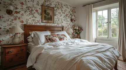 A hyper-realistic French country bedroom, soft pastel floral wallpaper, rustic wooden bed frame with white lace bedding, antique nightstands, large windows with light streaming in.