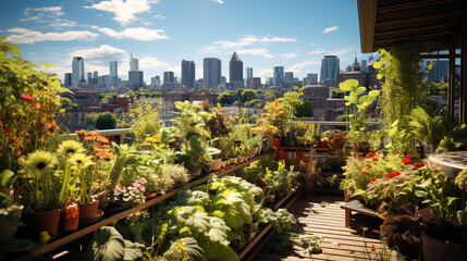 Fototapeta premium Urban Agriculture Rooftop Garden with a variety of potted plants.