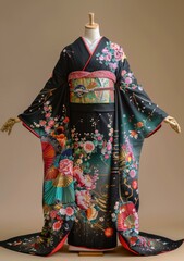 Naklejka premium A woman wearing a kimono with a floral pattern