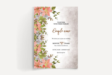 WEDDING INVITATION FRAME WITH FLOWER DECORATIONS AND FRESH LEAVES 