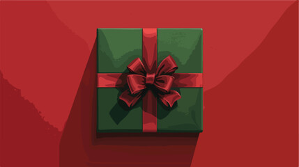 Green gift box with a bow on a red background top 