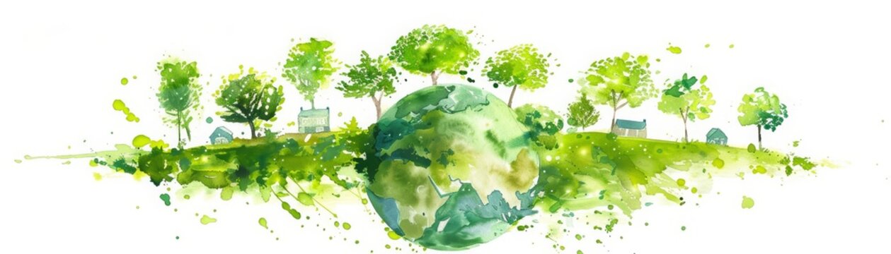 A cute watercolor clipart of a small, floating spherical world covered in lush green forests, trees, and small buildings, set against a plain white background