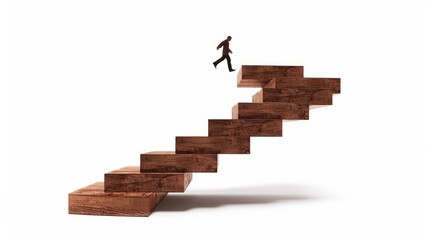 Wooden stairs with collapsing steps, a person falling down, isolated on white background, perspective view