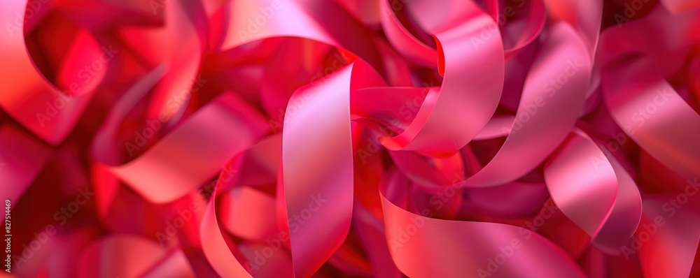 Poster shimmering red ribbons flowing dynamically across a digital abstract background.