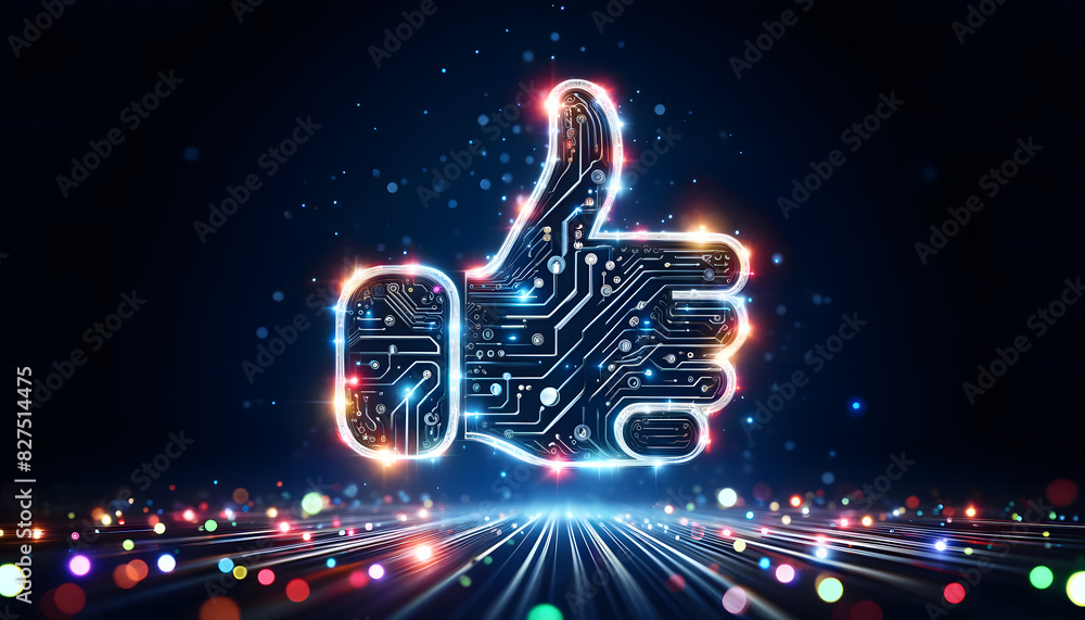 Poster a glowing thumbs-up symbol made of electronic circuit board patterns. the background is dark with vi