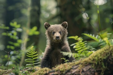 Obraz premium Young brown bear cub sits amongst ferns in a lush green forest, looking curiously at the camera