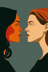 Two Strong Women Gazing at Each Other, Depicting Mature Mother and Young Daughter's Complex Relationship, Friendship or Disagreement Concept