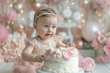 Cute baby in a pink dress experiencing her first birthday cake, with a whimsical backdrop