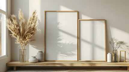 High Res Mockup: Multi Photo Landscape Frame on Neutral Wall   Ideal for Family Collage or Themed Artwork Display