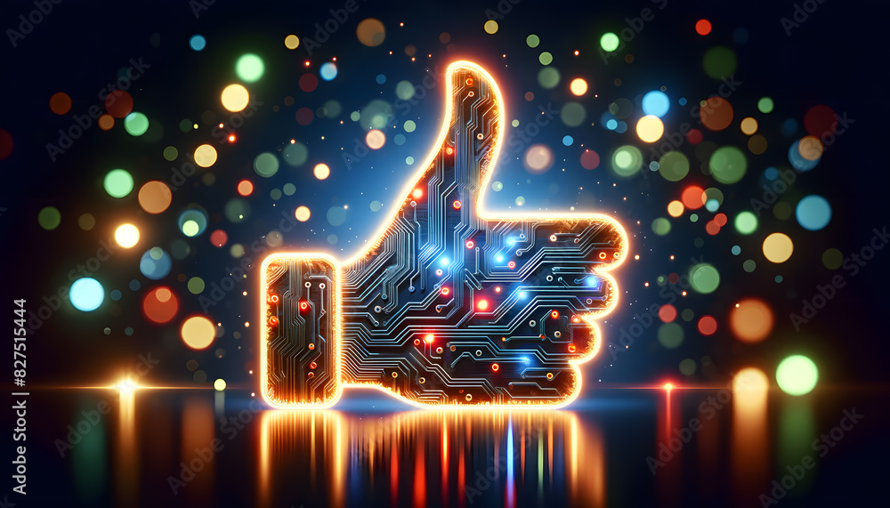 Poster a glowing thumbs-up symbol made of electronic circuit board patterns. the background is dark with vi