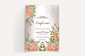 WEDDING INVITATION FRAME WITH FLOWER DECORATIONS AND FRESH LEAVES 