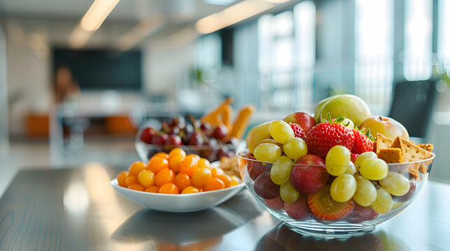 Photo realistic concept: Office workers enjoying healthy snacks in high resolution image with glossy backdrop showcasing importance of nutritious snacking in work environment