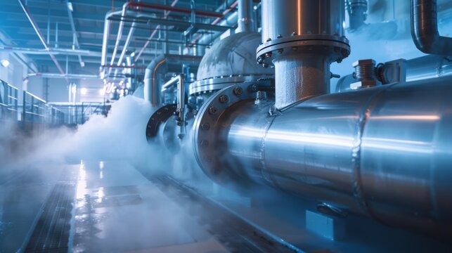 A boiling water reactor (BWR) where water is turning into steam, with visible turbines and steam pipes, in a modern industrial setting