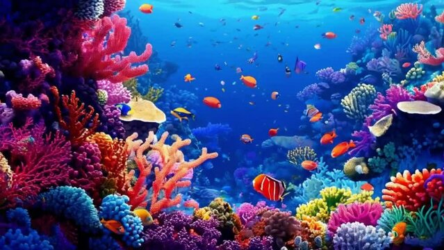 An animation showcasing a vibrant underwater coral reef, filled with colorful fish, corals, and other marine life, all in pixel art.