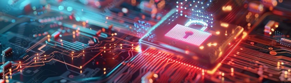 Poster a surreal representation of a circuit board with a central microchip showing a glowing lock icon mad