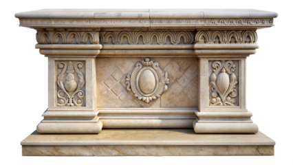 Stone Podium with Inscriptions: A stone podium featuring decorative inscriptions and carvings, suitable for historical or formal events, isolated on a white background.
