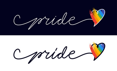 PRIDE LGBT. Line script cursive 2024 text. Hand written lettering vector lgbtq pride element for card, poster, banner. Hand drawn word - pride with rainbow heart. Vector illustration.