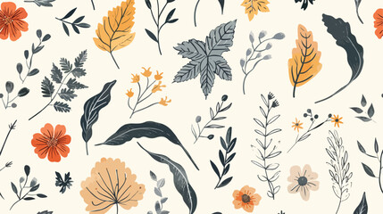 Hand sketched leaves and flowers seamless pattern. vector