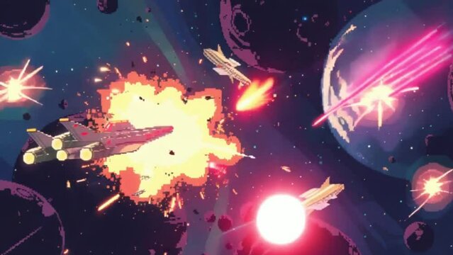 An animation showing a battle between spaceships with pixel art details, including lasers, explosions, and exciting space maneuvers.