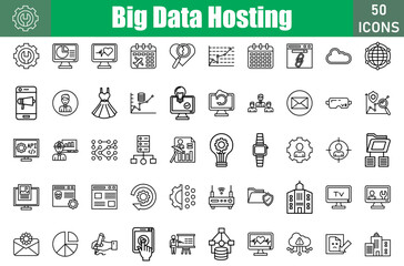 Set of 50 Big Data Hosting line icons set. Workshop outline icons with editable stroke collection. Include Setting, Pie Chart, Heartbeat monitoring, Schedule, Investigate, Graph, Url, Cloud, Service