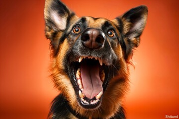 In a studio photo, a friendly German shepherd dog is captured pulling a funny face, radiating charm and playfulness. This portrait perfectly captures the lovable and humorous nature of the dog. 