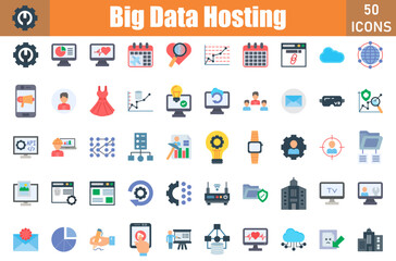 Set of 50 Big Data Hosting flat icons set. Workshop outline icons with editable stroke collection. Include Setting, Pie Chart, Heartbeat monitoring, Schedule, Investigate, Graph, Url, Cloud, Service