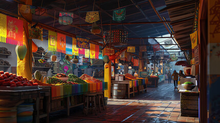 A watercolor painting of a busy marketplace with people walking around and colorful umbrellas overhead