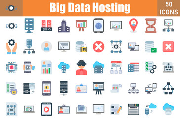 Set of 50 Big Data Hosting flat icons set. Workshop outline icons with editable stroke collection. Include Setting, Profile, Hosting, Identity, Monitor, Schedule, Letter, Target Audience, Screen