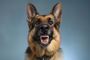 In a studio photo, a friendly German shepherd dog is captured pulling a funny face, radiating charm and playfulness. This portrait perfectly captures the lovable and humorous nature of the dog. 
