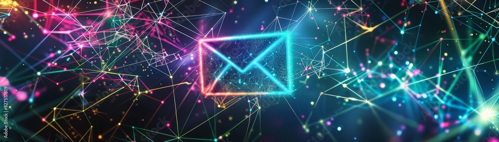 Poster a vibrant and colorful digital depiction of a glowing email icon in the center of a web of multicolo