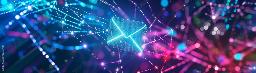 Poster a vibrant and colorful digital depiction of a glowing email icon in the center of a web of multicolo