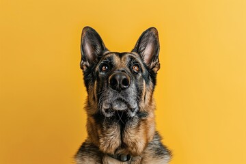 Obraz premium In a studio photo, a friendly German shepherd dog is captured pulling a funny face, radiating charm and playfulness. This portrait perfectly captures the lovable and humorous nature of the dog. 