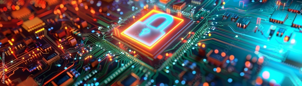 Aufkleber a vibrant depiction of a circuit board with a central microchip displaying a bright